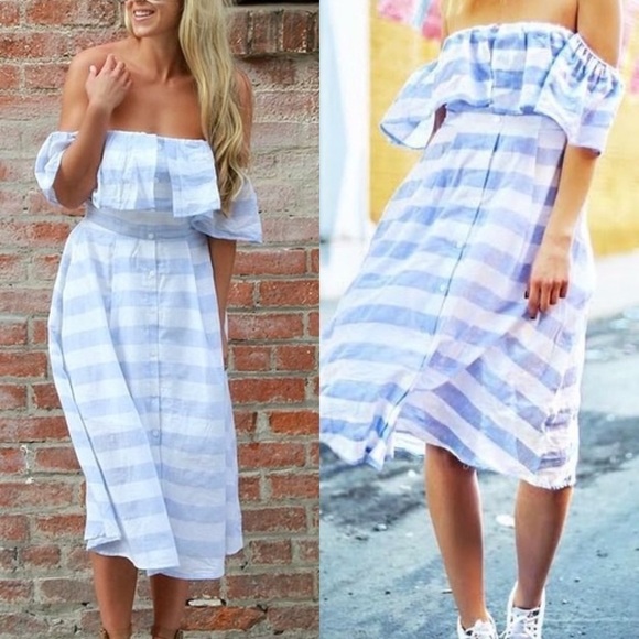 Lulus Cotton Off the Shoulder Striped Midi Dress - Picture 2 of 10